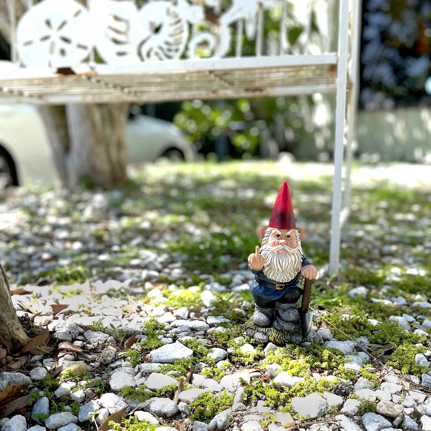 Naughty Garden Gnome with Axe Flipping Bird Statue